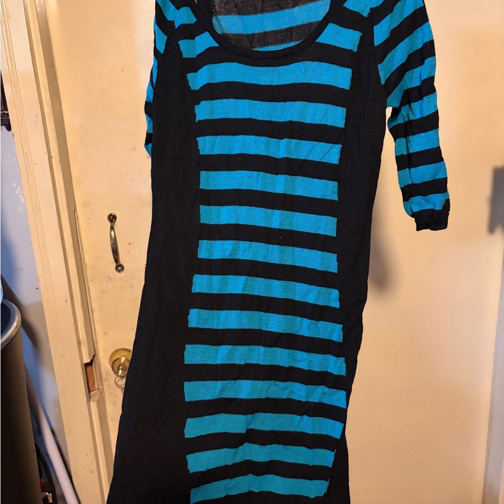 Arden B Black and Teal Striped Scoop-Neck Long Sleeve Dress